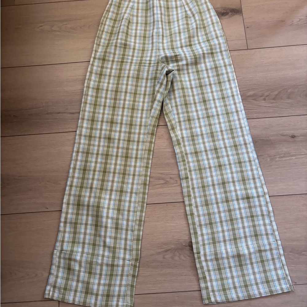 Princess Polly Olive & White Plaid Wide Leg Pants
